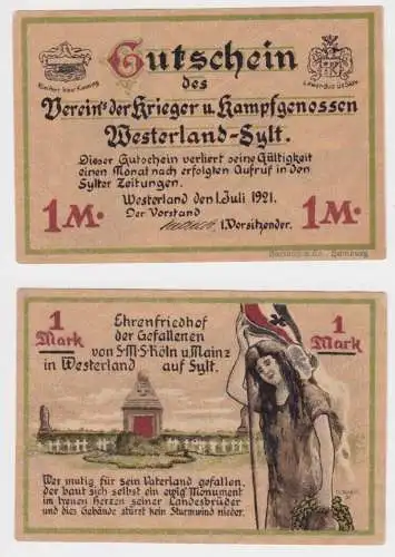 1 Mark Banknote Notgeld Westerland auf Sylt Verein der Krieger 1.7.1921 (147217)