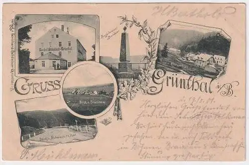908263 Lithographie Gruss aus Grünthal - Gasthof Böhmisch-Grünthal, usw. 1901