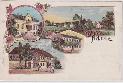 91042 Ak Lithographie Gruß aus Nehmitz bei Groitzsch Rittergut, Gasthof usw.1906