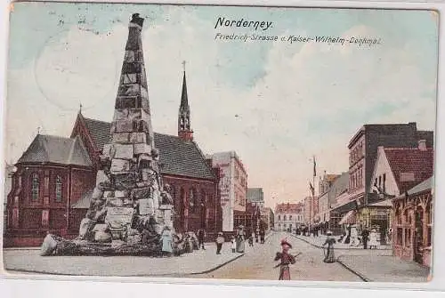 908308 Ak Norderney - Friedrich-Straße u. Kaiser-Wilhelm-Denkmal 1909