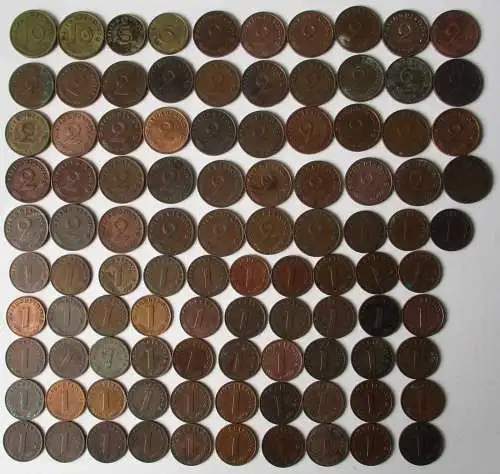 100 Kleinmünzen 3.Reich 1-10 Pfennig Kupfer + Messing (108787)