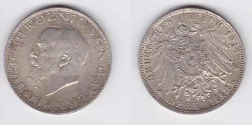 3 Mark Silbermünze Bayern König Ludwig III 1914 Jäger 52 (154621)