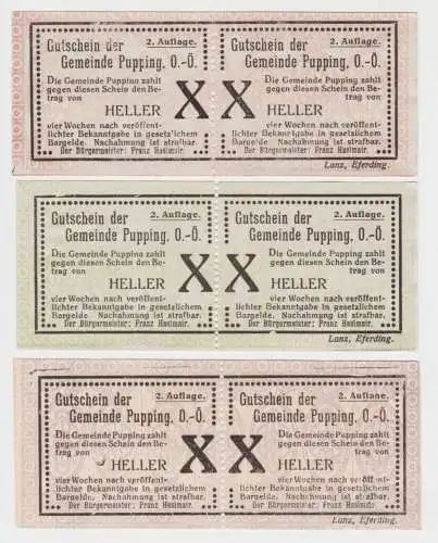 3 x 20 Heller Banknoten Notgeld Gemeinde Pupping O.Ö. 1920 (154522)