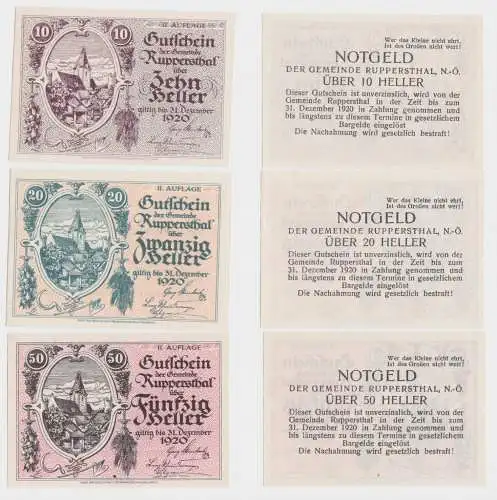 10,20 und 50 Heller Banknoten Notgeld Gemeinde Ruppersthal 1920 (154624)