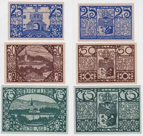 25,50 und 75 Heller Banknoten Notgeld Gemeinde Schlägl O.Ö. 1920 (154483)