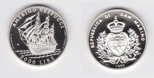 5000 Lire Münze San Marino 1995 Segelschiff Amerigo Vespucci PP (154400)