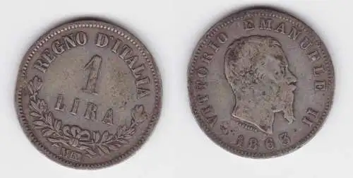1 Lira Silber Münze Italien Vittorio Emanuele II. 1863 ss- (120233)