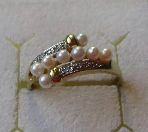 hochwertiger 585er 14 Karat Gold Ring mit 2 Diamanten + Perlen (162022)