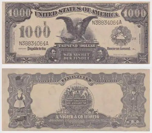 Reklame Banknote 1000 Dollar Spielwaren A. Vigier & Co. Leipzig um 1900 (157994)