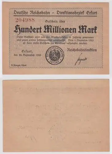 100 Millionen Mark Banknote Reichsbahndirektion Erfurt 22. Sept. 1923 (156496)