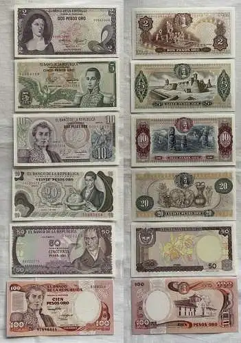 6x Banknoten Colombia Kolumbien 2 - 100 Pesos Oro kassenfrisch 1977-1987 /162185