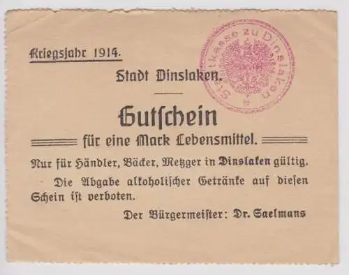 1 Mark Banknote Notgeld Stadt Dinslaken Kriegsjahr 1914 (159583)