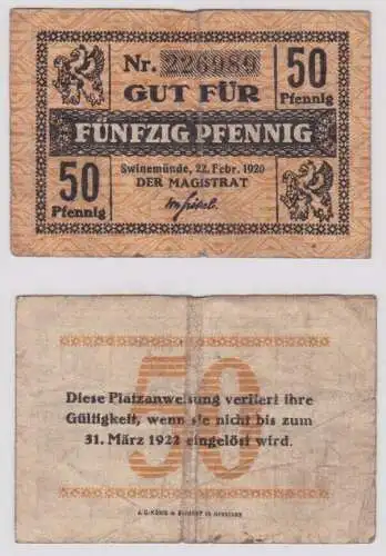 50 Pfennig Banknote Stadt Swinemünde (Pommern) 22. Februar 1920 (154198)
