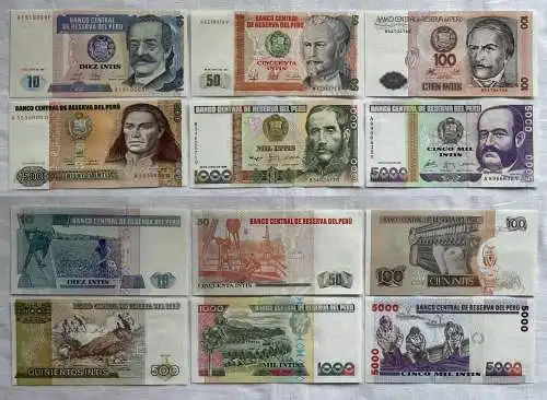 6x Banknoten Peru 10 - 5000 Intis  bankfrisch UNC (162192)