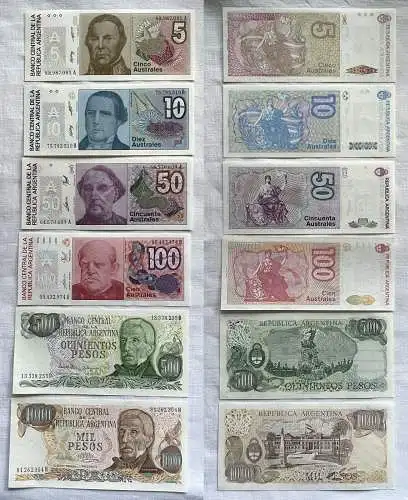 6 Banknoten Argentinien 5 - 100 Australes + 500-1000 Pesos kassenfrisch (162176)