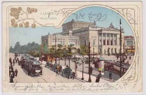 77071 Ak Lithographie Leipzig neue Theater mit Strassenbahn davor 1904