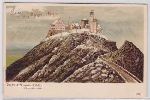 41508 Ak Gruss aus dem Riesengebirge - Schneekoppe m. meteorol. Station um 1900