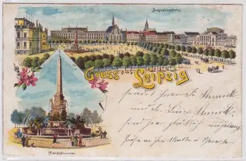 37081 Mehrbild Ak Gruss aus Leipzig - Augustusplatz, Mendebrunnen 1900
