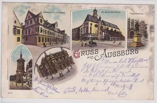 58079 Lithographie Ak Gruss aus Augsburg - Bischöfliche Residenz, Fuggerdenkmal
