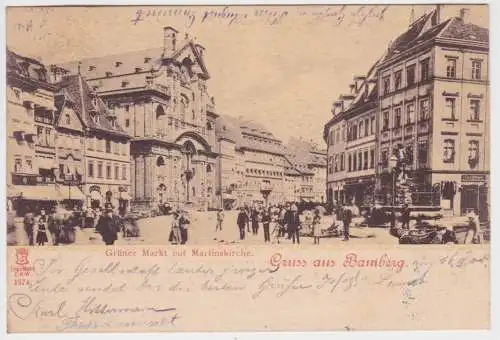 31879 AK Gruss aus Bamberg - Grüner Markt mit Martinskirche 1900