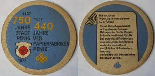 Bierdeckel DDR-Gebiet 750 Jahre Stadt Penig VEB Papierfabriken 1977 (162433)