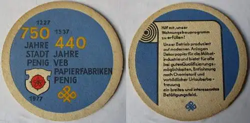 Bierdeckel DDR-Gebiet 750 Jahre Stadt Penig VEB Papierfabriken 1977 (162403)