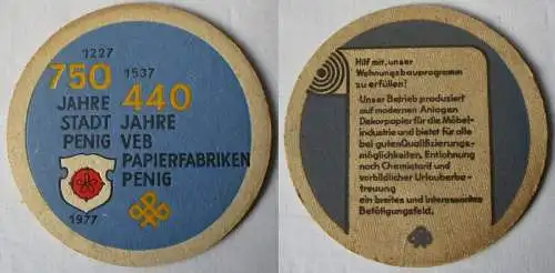 Bierdeckel DDR-Gebiet 750 Jahre Stadt Penig VEB Papierfabriken 1977 (162233)