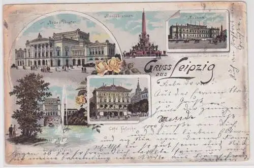 82301 Lithographie Ak Gruss a. Leipzig - Neues Theater, Mendebrunnen, Museum usw