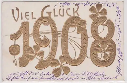 37714 Präge Neujahrs Ak Viel Glück mit Kleeblatt und Hufeisen 1908