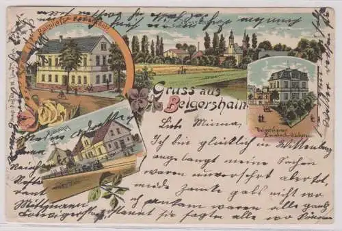 46986 Ak Lithographie Gruß aus Belgershain Gasthof, Bahnhof usw. 1901