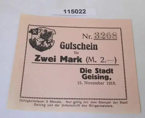 2 Mark Banknote Gutschein Notgeld Stadt Geising 15.November 1918 (115022)