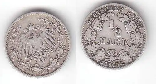 1/2 Mark Silber Münze Deutsches Reich 1907 G  (114886)