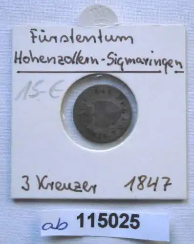 3 Kreuzer Silber Münze Hohenzollern Sigmaringen Carl 1847 (115025)