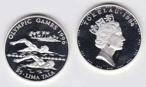 5 Tala Silber Münze Tokelau Olympiade 1996 Atlanta Schwimmer 1994 (141252)