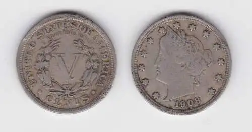 5 Cents Kupfer Nickel Münze USA 1908 (141345)