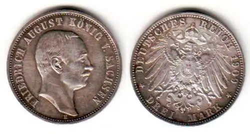 3 Mark Silbermünze Sachsen König Friedrich August 1909 Jäger 135 (111801)