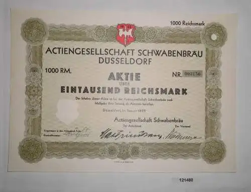 1000 Reichsmark Aktie AG Schwabenbräu Düsseldorf Januar 1929 (121480)