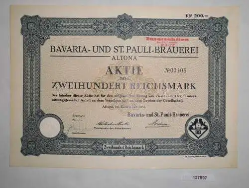 200 RM Aktie Bavaria und St.Pauli Brauerei Altona Dezember 1931 (127597)
