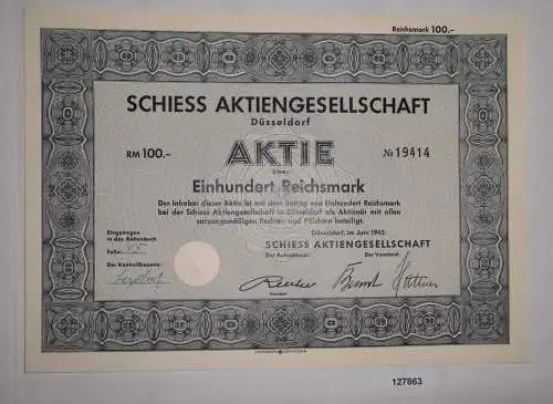 100 Reichsmark Aktie Schiess AG Düsseldorf Juni 1942 (127863)