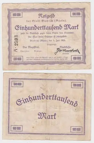 100000 Mark Banknote Inflation Stadt Biebrich (Rhein) 3.7.1923 (119244)