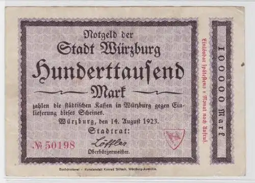 100000 Mark Banknote Stadtrat Würzburg 14.8.1923 (136244)
