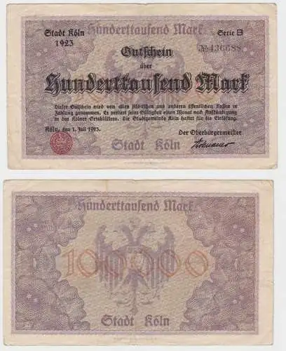 100000 Mark Banknote Inflation Notgeld Stadt Köln 1. Juli 1923 (134989)