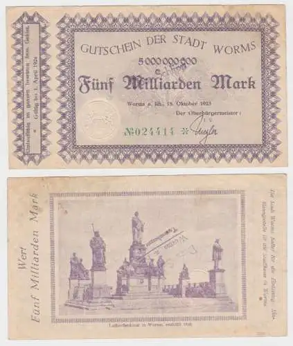 5 Milliarden Mark Banknote Inflation Stadt Worms 15.10.1923 (140272)