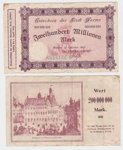 200 Millionen Mark Banknote Inflation Stadt Worms 15.10.1923 (140320)