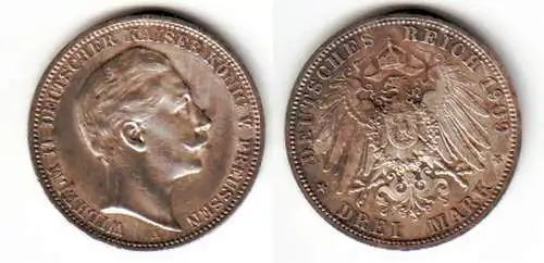 3 Mark Silbermünze Preussen Kaiser Wilhelm II 1909 Jäger 103  (111803)