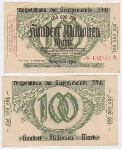 100 Millionen Mark Banknote Notgeld Kreisgemeinde Pfalz Speyer 1.10.1923(140172)