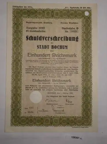 100 Reichsmark Schuldverschreibung Stadt Bochum 1. Februar 1929 (128367)