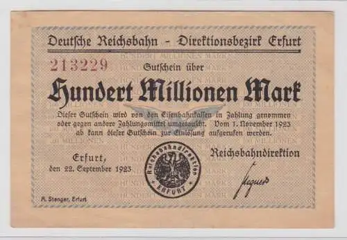 100 Millionen Mark Banknote Reichsbahndirektion Erfurt 22.09.1923 (137966)