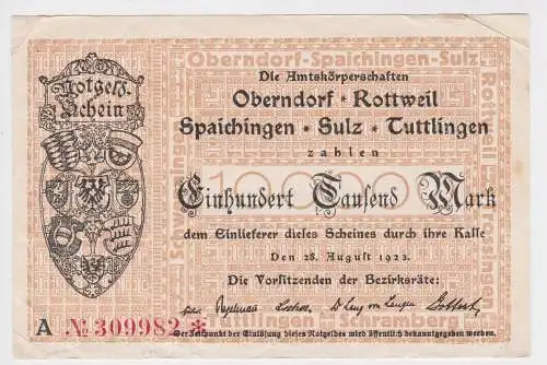 100000 Mark Inflation Banknote Stadtgemeinde Oberndorf usw. 28.8.1923 (129429)