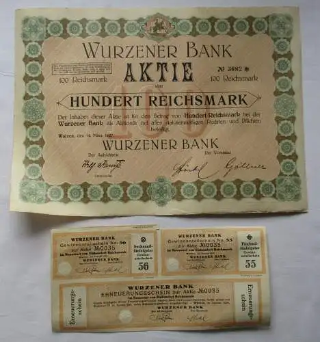 100 Reichsmark Aktie Wurzener Bank 14.März 1927 mit Zinsschein (129083)
